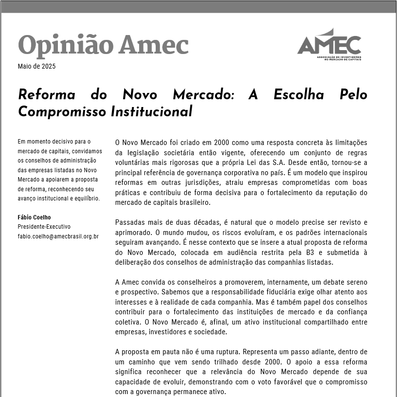 Amec incentiva Conselhos de Administração a deliberar sobre reforma do Novo Mercado